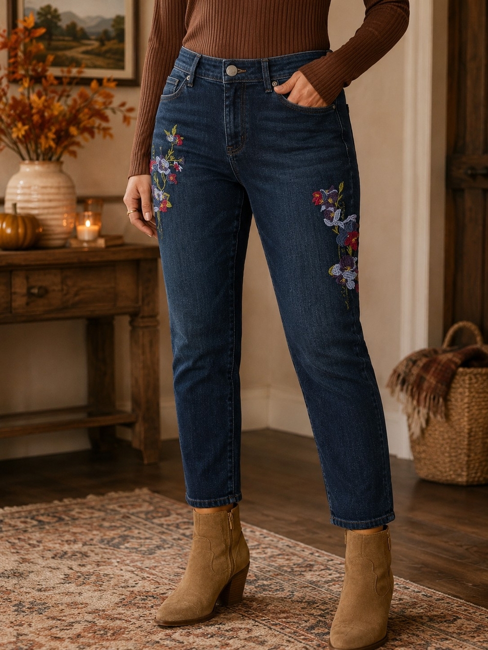 J.Jill Authentic Fit Size 10 PetiteFloral Embroidered Slim Ankle Jeans Dark Wash